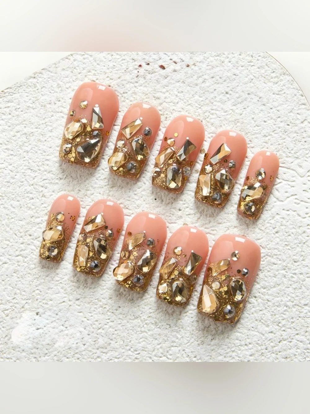 Luxury Nude Pink Press-On Nails with Gold Rhinestones by Lovful